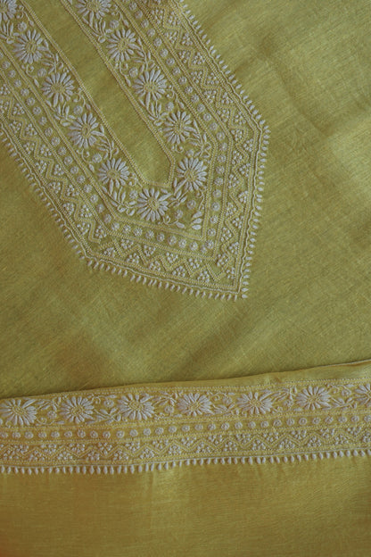 Pastel Yellow Linen Chikankari Unstitched Men's Kurtas Fabric