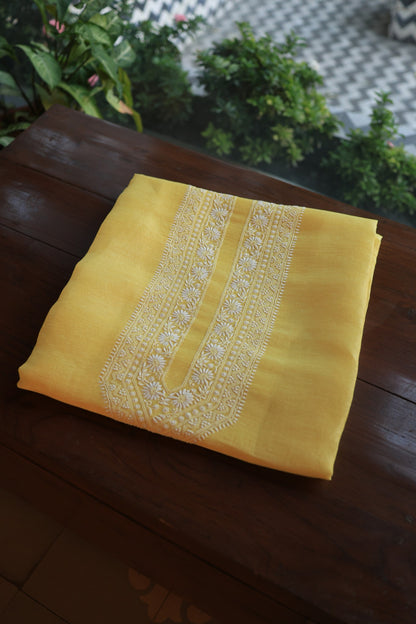 Pastel Yellow Linen Chikankari Unstitched Men's Kurtas Fabric