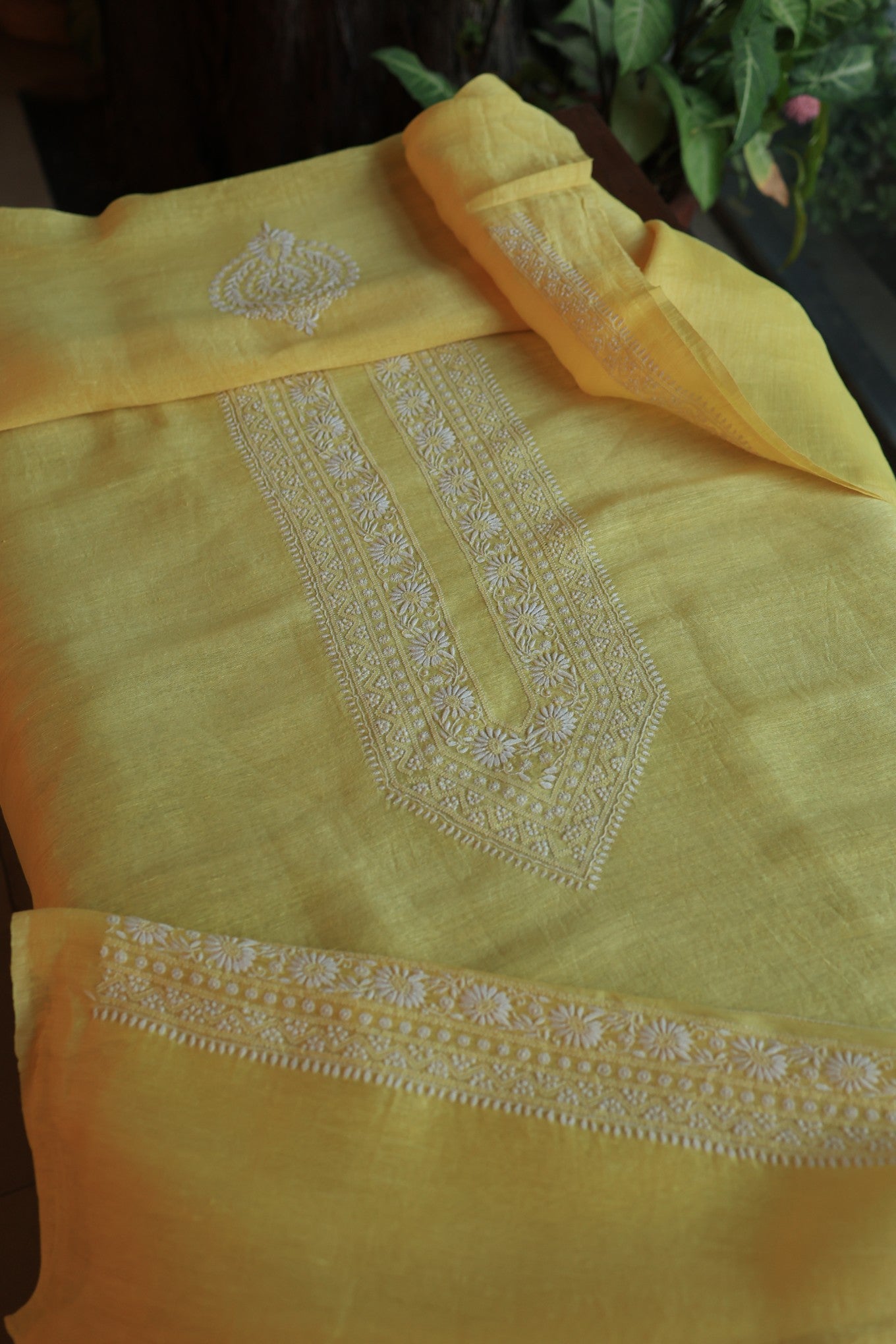 Pastel Yellow Linen Chikankari Unstitched Men's Kurtas Fabric