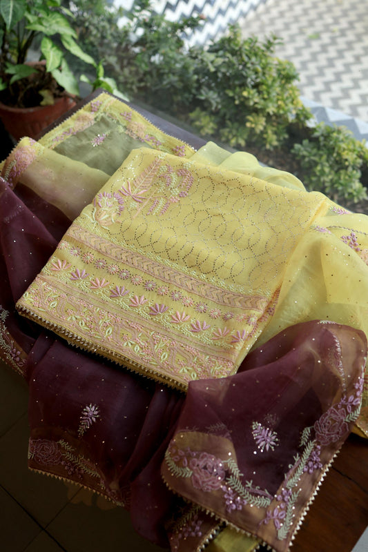 Pastel Yellow Noor Organza Silk Chikankari Kamdani Fabric With Ombre Dupatta