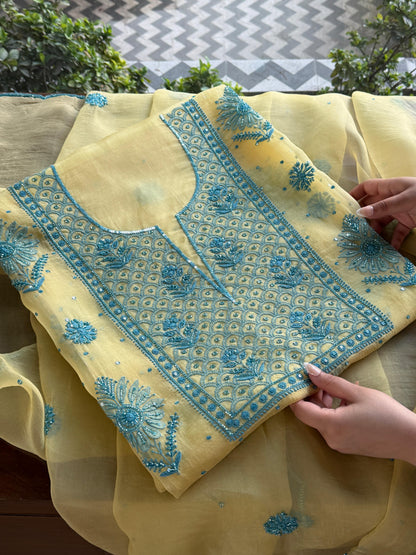 Pastel Yellow Noor Organza Silk Chikankari Unstitched Kurta Dupatta Set