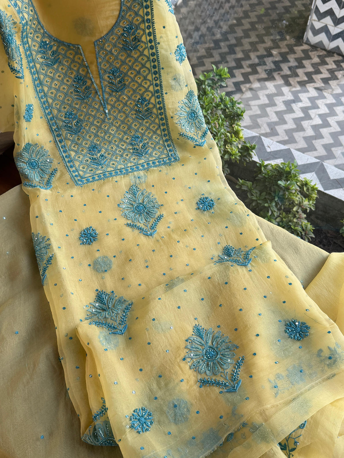 Pastel Yellow Noor Organza Silk Chikankari Unstitched Kurta Dupatta Set