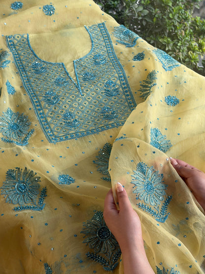 Pastel Yellow Noor Organza Silk Chikankari Unstitched Kurta Dupatta Set