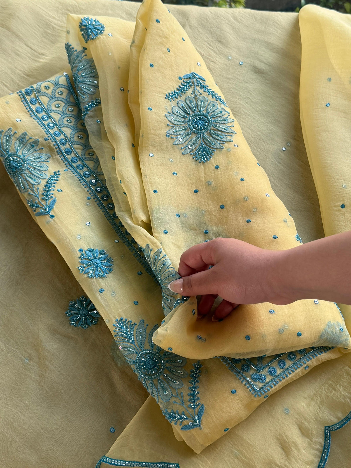 Pastel Yellow Noor Organza Silk Chikankari Unstitched Kurta Dupatta Set