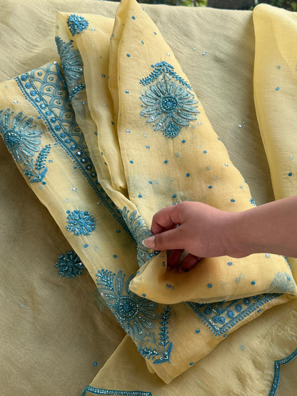 Pastel Yellow Noor Organza Silk Chikankari Unstitched Kurta Dupatta Set