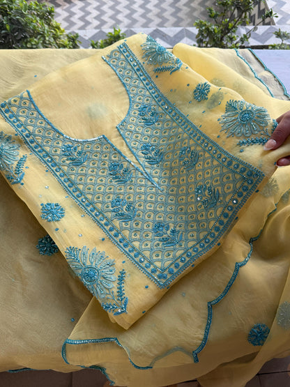 Pastel Yellow Noor Organza Silk Chikankari Unstitched Kurta Dupatta Set