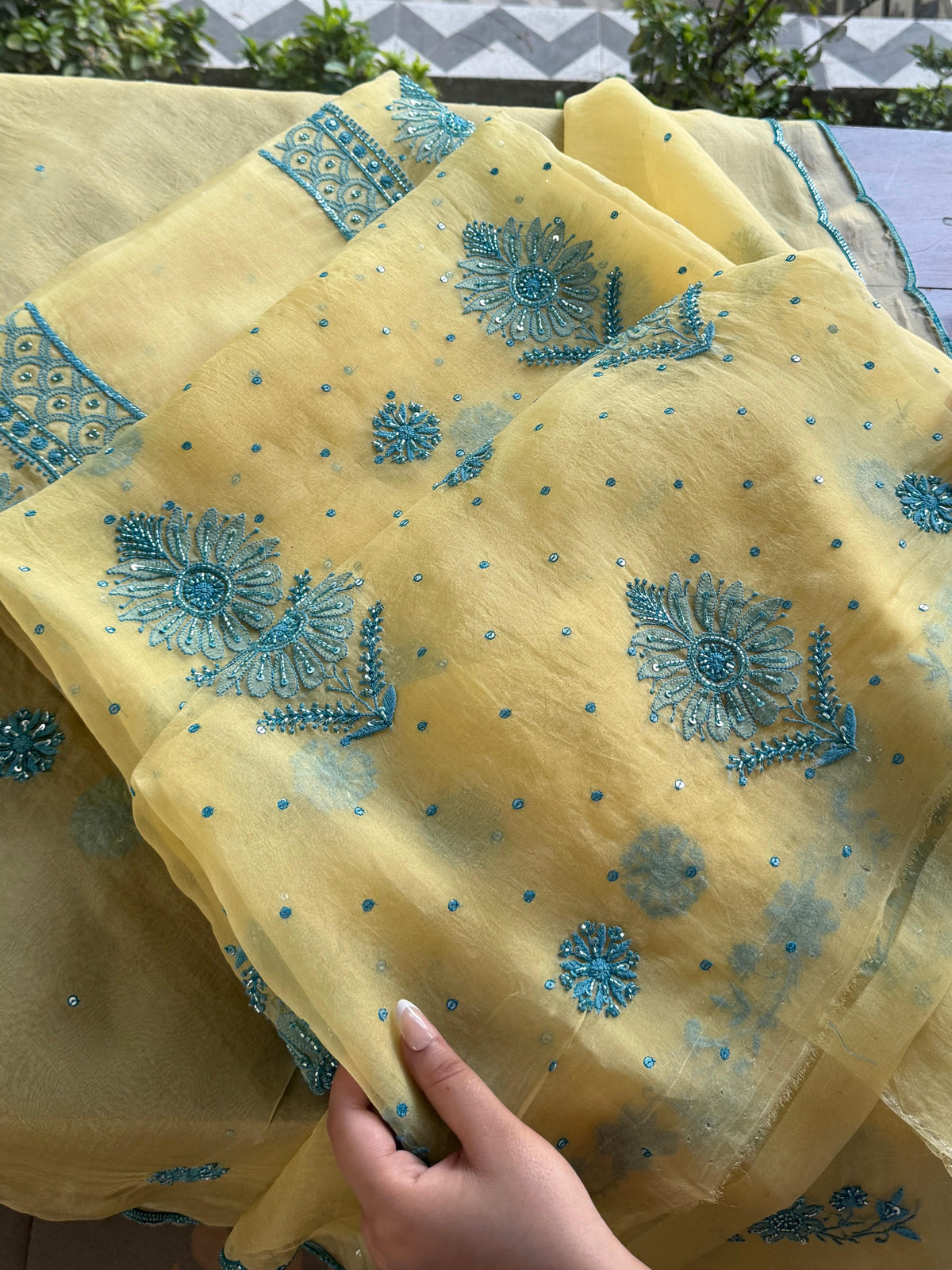 Pastel Yellow Noor Organza Silk Chikankari Unstitched Kurta Dupatta Set