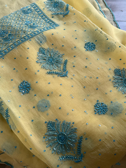 Pastel Yellow Noor Organza Silk Chikankari Unstitched Kurta Dupatta Set