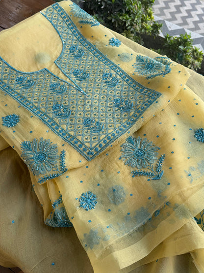 Pastel Yellow Noor Organza Silk Chikankari Unstitched Kurta Dupatta Set