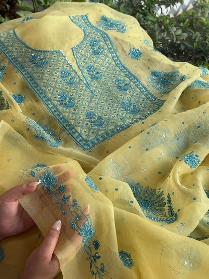 Pastel Yellow Noor Organza Silk Chikankari Unstitched Kurta Dupatta Set