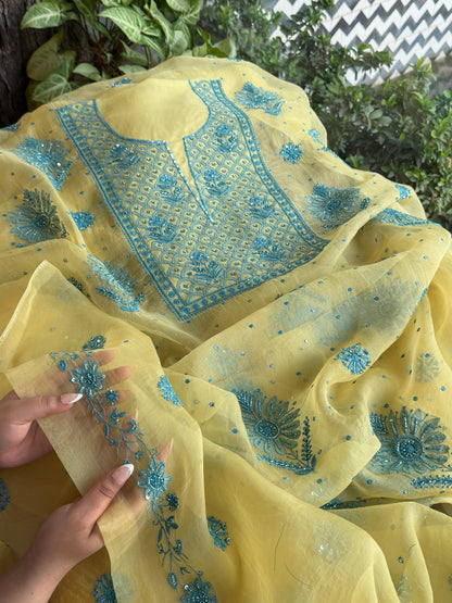 Pastel Yellow Noor Organza Silk Chikankari Unstitched Kurta Dupatta Set