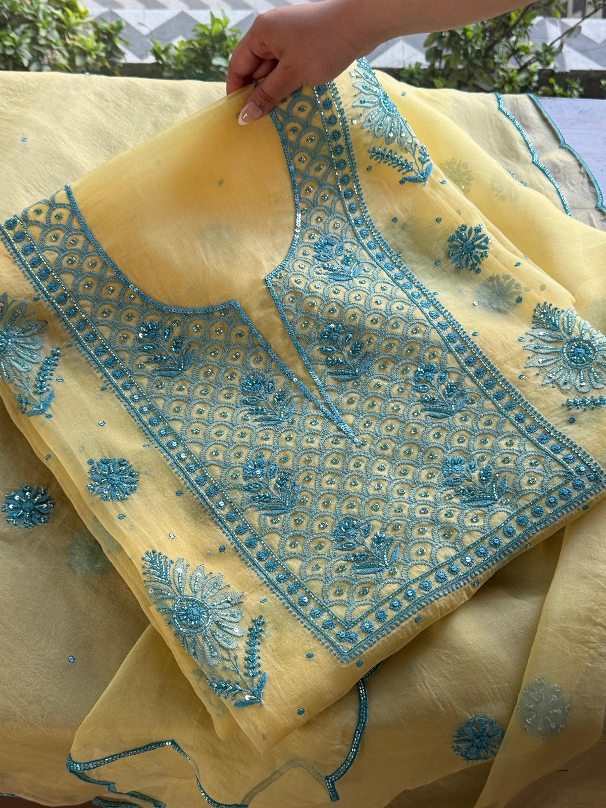 Pastel Yellow Noor Organza Silk Chikankari Unstitched Kurta Dupatta Set