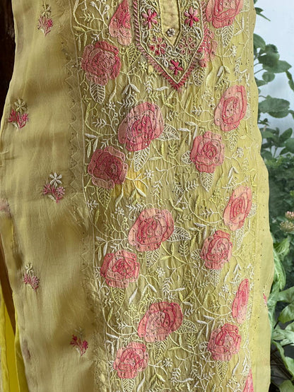 Pastel Yellow Rose Motifs Chikankari x Applique Organza Kurta Set