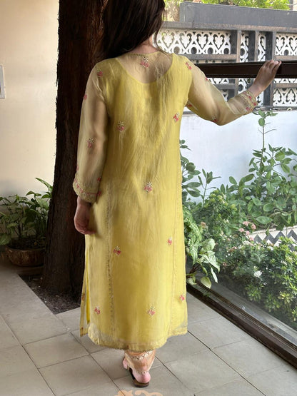Pastel Yellow Rose Motifs Chikankari x Applique Organza Kurta Set