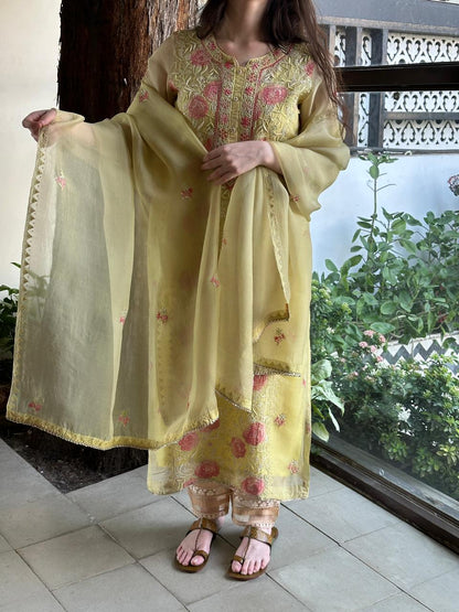 Pastel Yellow Rose Motifs Chikankari x Applique Organza Kurta Set