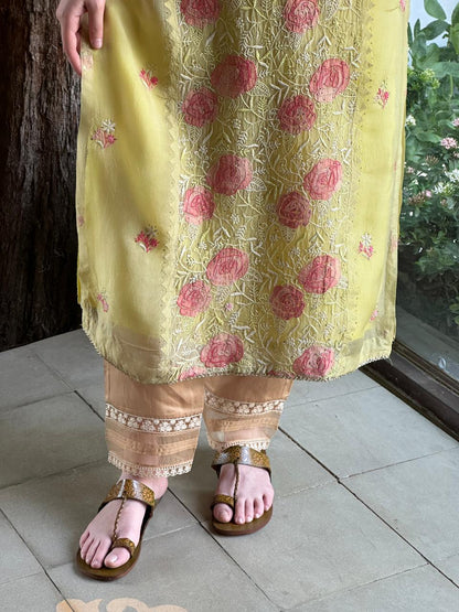 Pastel Yellow Rose Motifs Chikankari x Applique Organza Kurta Set