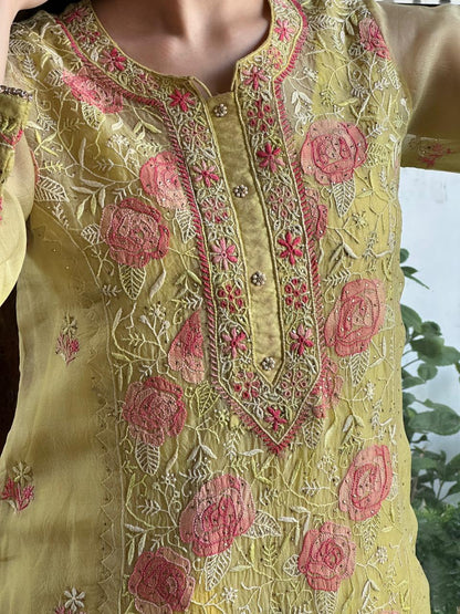 Pastel Yellow Rose Motifs Chikankari x Applique Organza Kurta Set