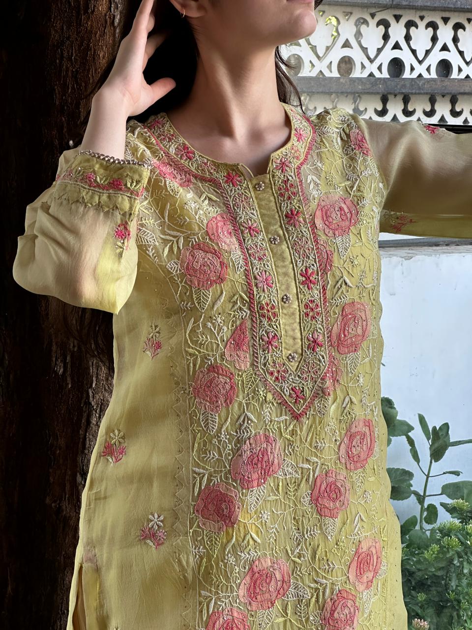 Pastel Yellow Rose Motifs Chikankari x Applique Organza Kurta Set