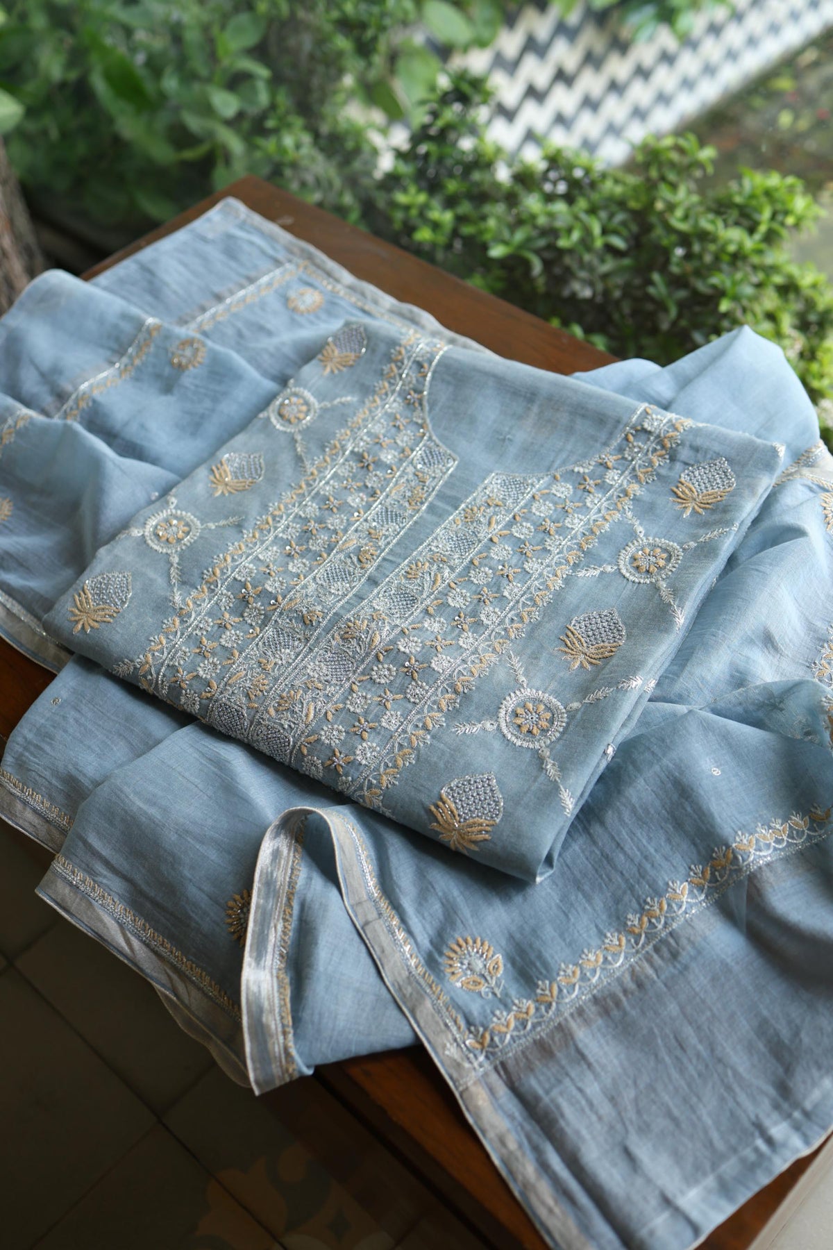 Pastel Blue Shade Silver Tissue Silk Chikankari Unstitched Fabric