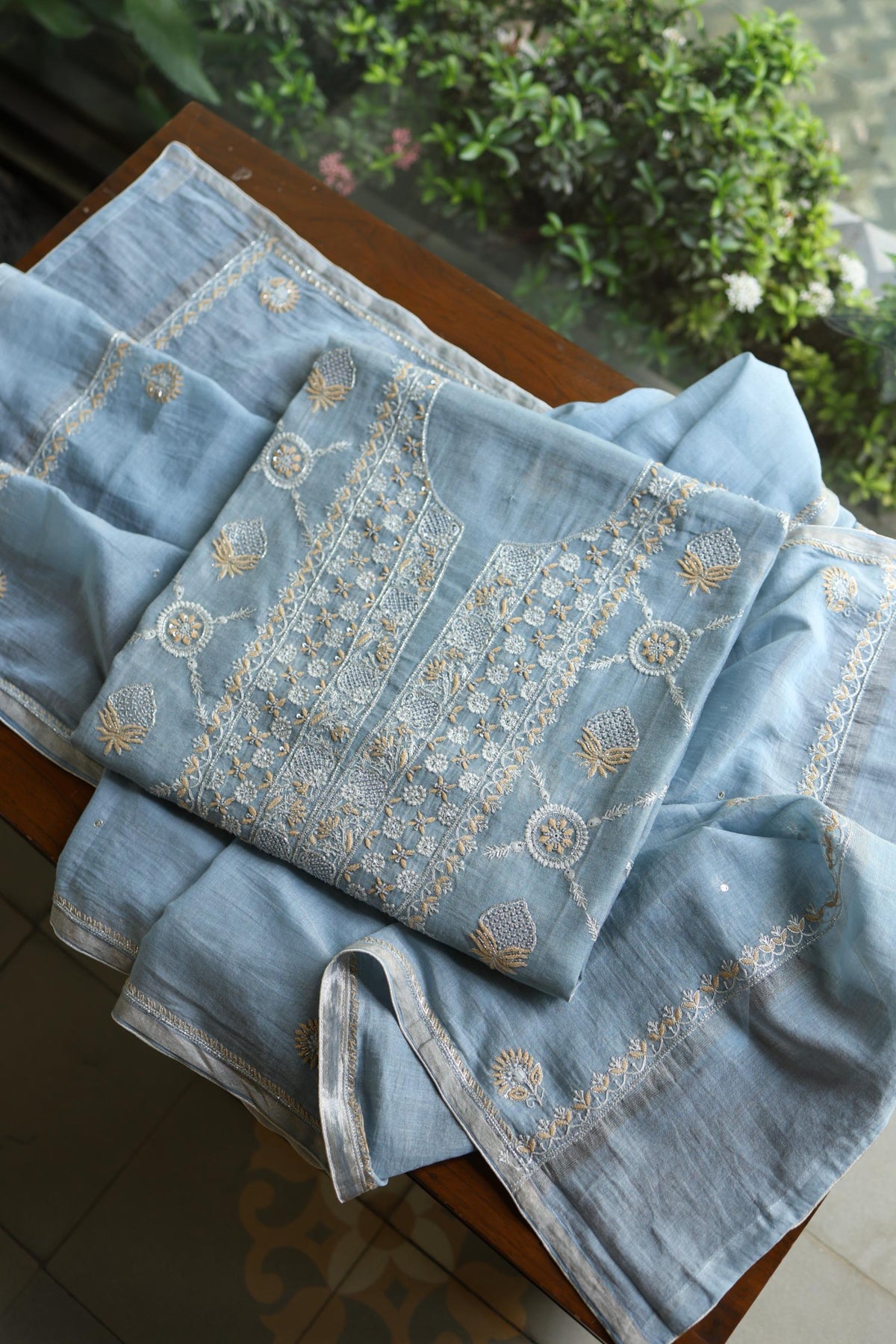 Pastel Blue Shade Silver Tissue Silk Chikankari Unstitched Fabric