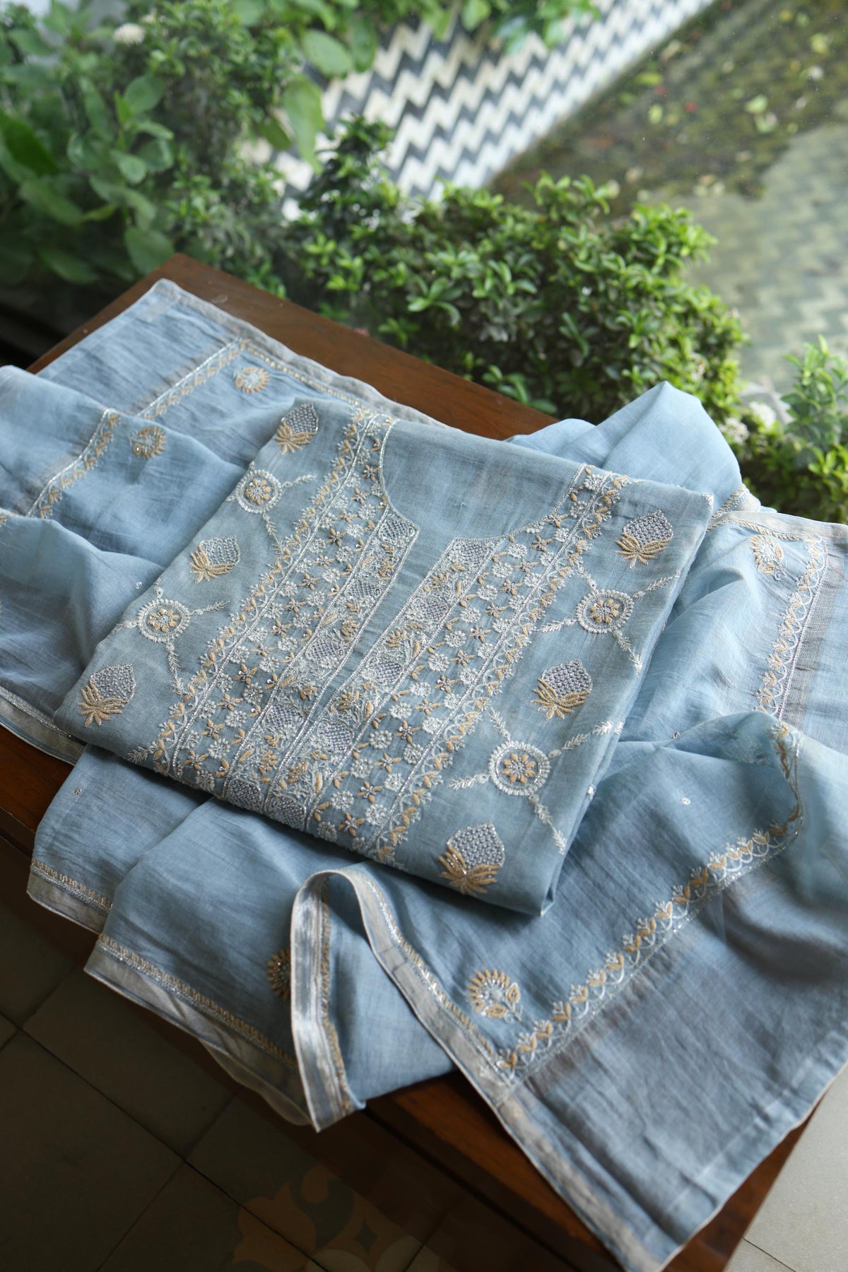 Pastel Blue Shade Silver Tissue Silk Chikankari Unstitched Fabric