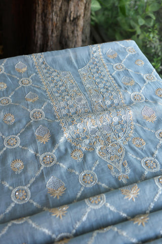 Pastel Blue Shade Silver Tissue Silk Chikankari Unstitched Fabric
