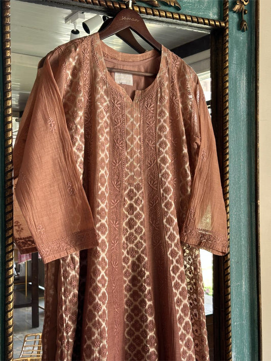 Pastel Brown Shade Zari Chanderi Chikankari Ready to Wear Tunics