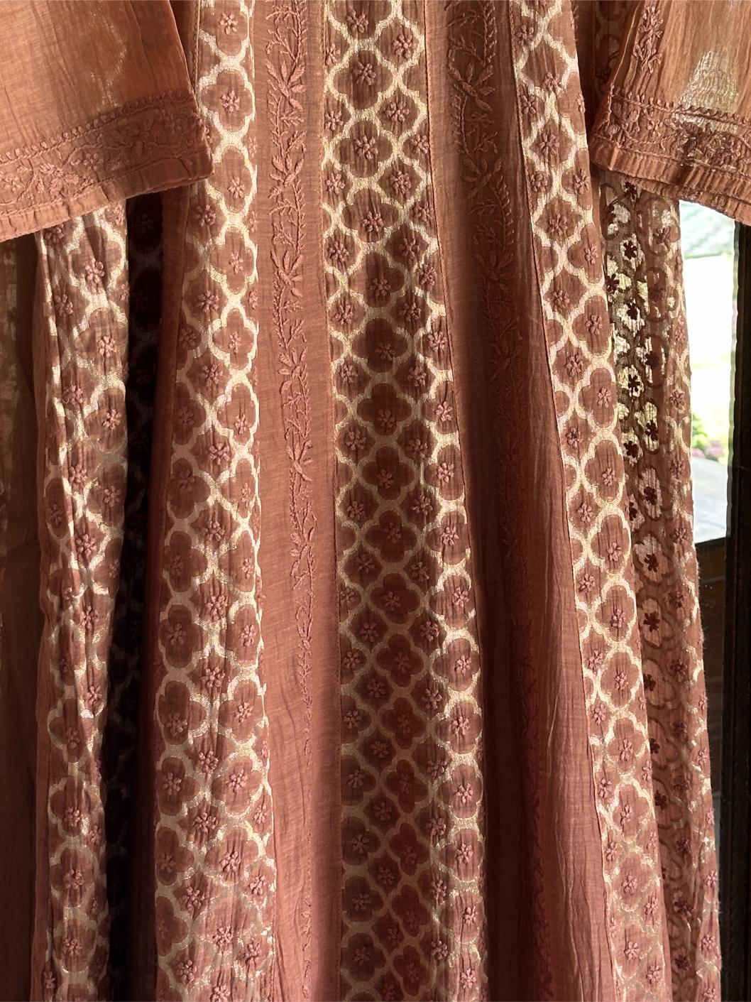 Pastel Brown Shade Zari Chanderi Chikankari A Line Kurta with Slip