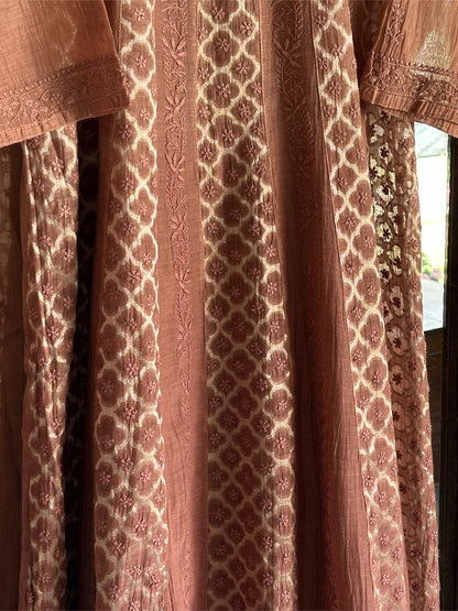 Pastel Brown Shade Zari Chanderi Chikankari A Line Kurta with Slip