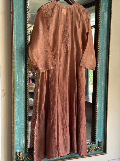 Pastel Brown Shade Zari Chanderi Chikankari A Line Kurta with Slip