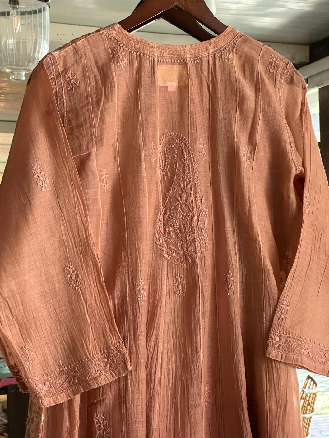 Pastel Brown Shade Zari Chanderi Chikankari A Line Kurta with Slip