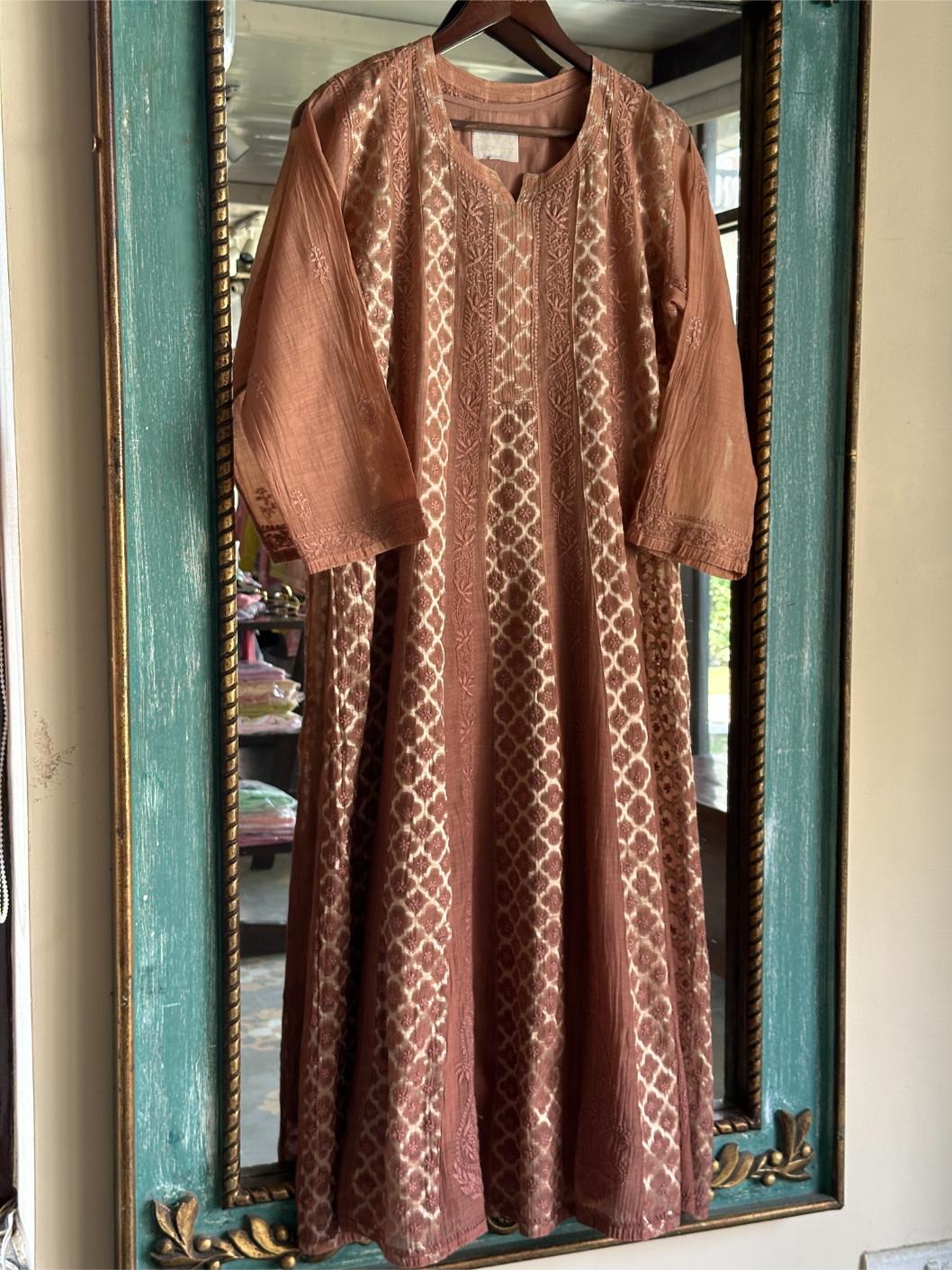 Pastel Brown Shade Zari Chanderi Chikankari A Line Kurta with Slip