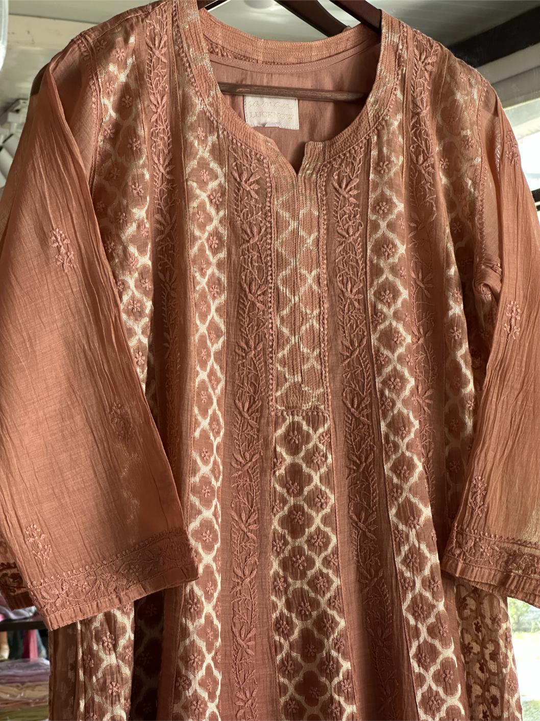 Pastel Brown Shade Zari Chanderi Chikankari A Line Kurta with Slip