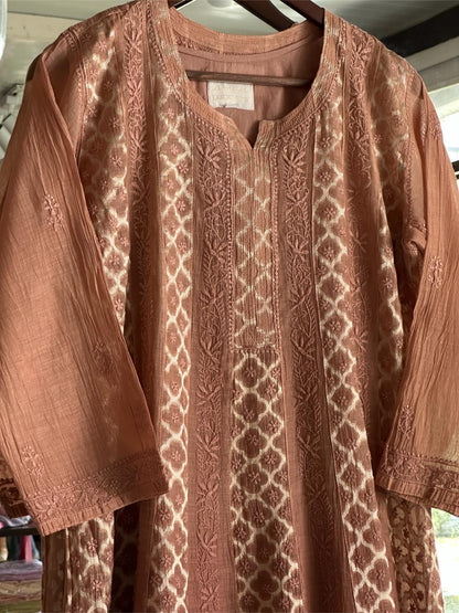 Pastel Brown Shade Zari Chanderi Chikankari A Line Kurta with Slip