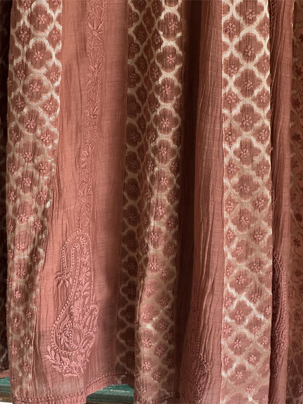 Pastel Brown Shade Zari Chanderi Chikankari A Line Kurta with Slip