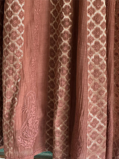Pastel Brown Shade Zari Chanderi Chikankari A Line Kurta with Slip