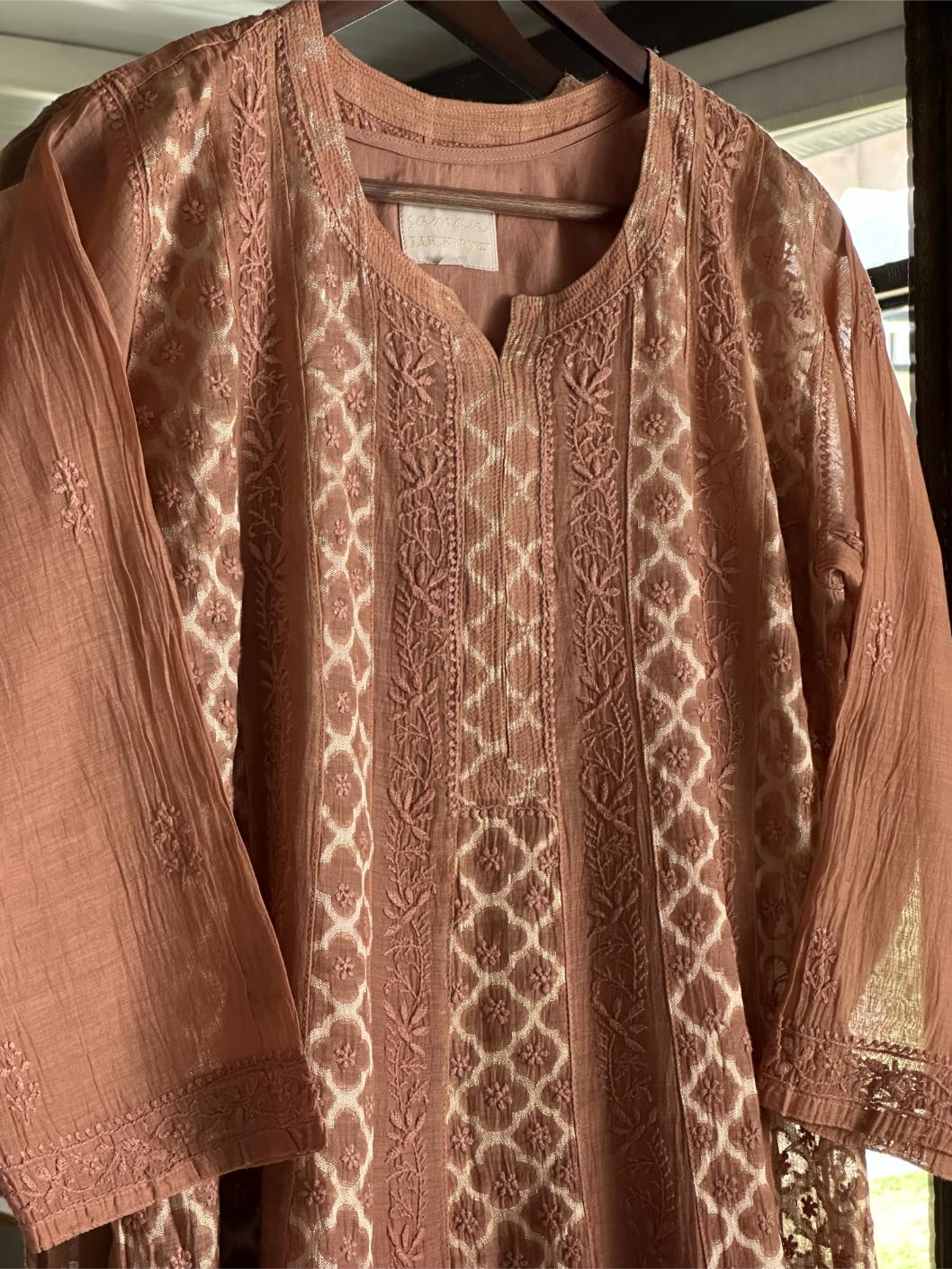 Pastel Brown Shade Zari Chanderi Chikankari A Line Kurta with Slip