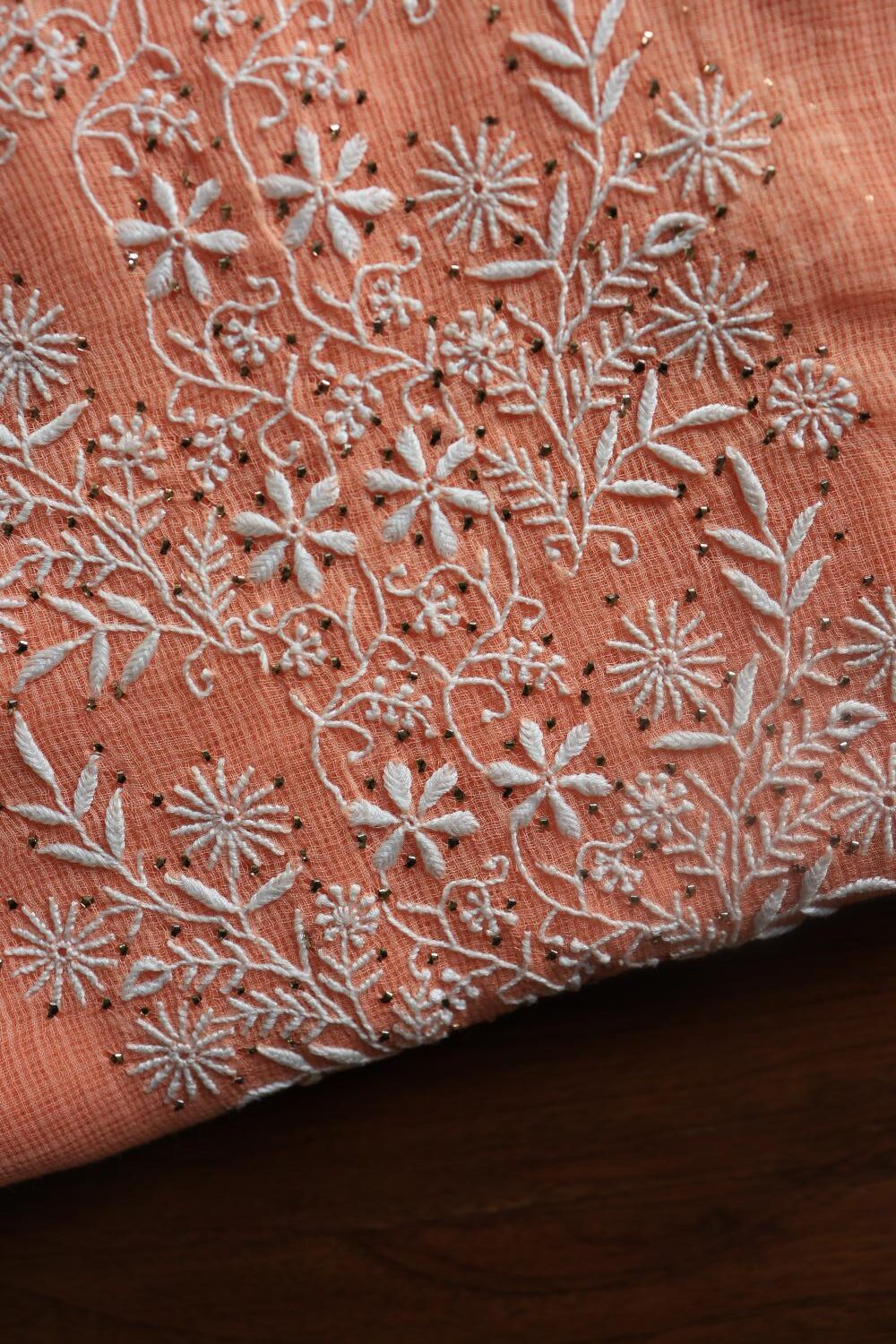 Peach Kota Chikankari Unstitched Women's Kurta Fabric