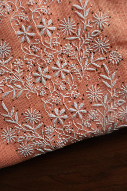 Peach Kota Chikankari Unstitched Women's Kurta Fabric