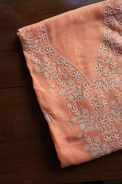 Peach Kota Chikankari Unstitched Women's Kurta Fabric