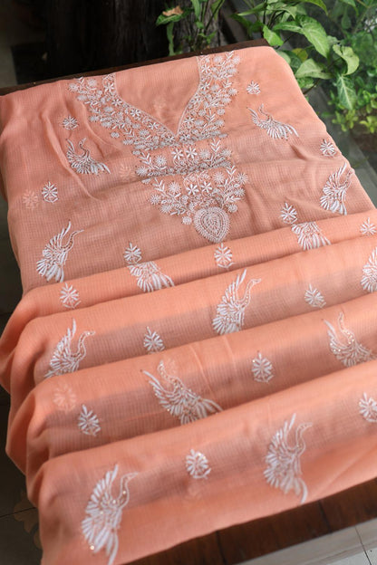 Peach Kota Chikankari Unstitched Women's Kurta Fabric