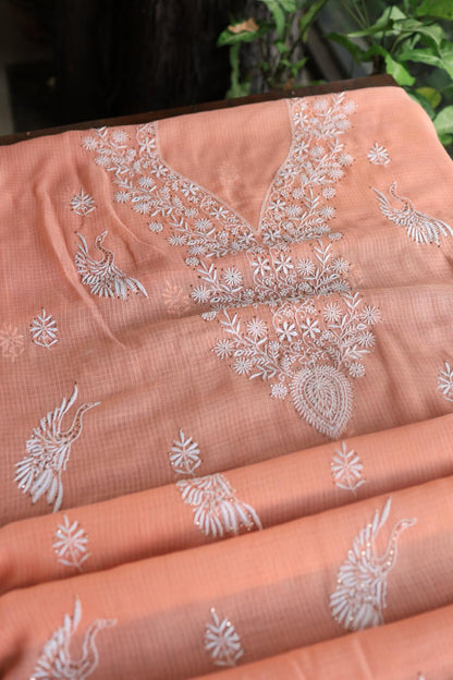 Peach Kota Chikankari Unstitched Women's Kurta Fabric