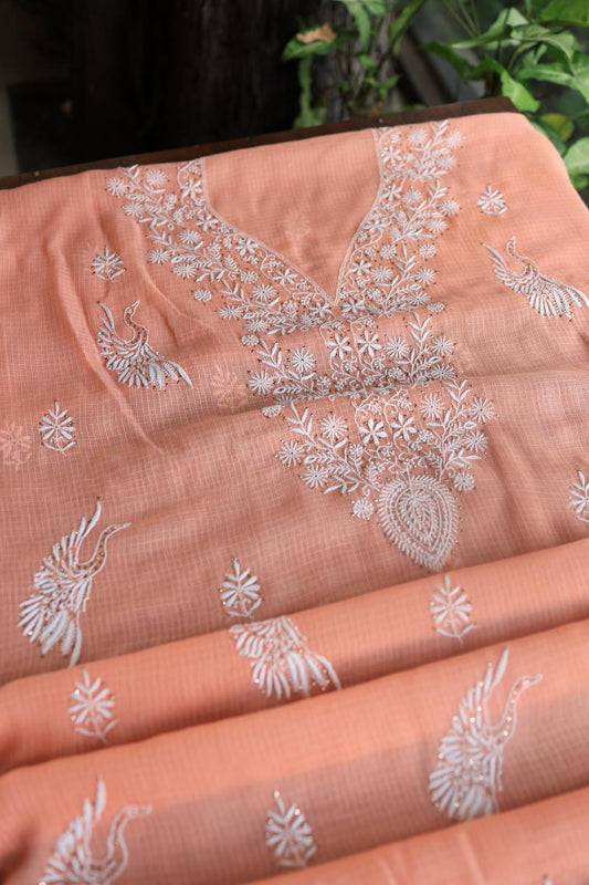 Peach Kota Chikankari Unstitched Women's Kurta Fabric