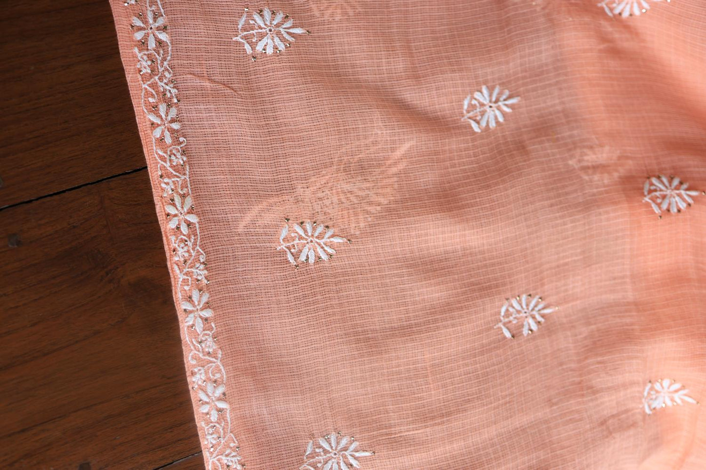 Peach Kota Chikankari Unstitched Women's Kurta Fabric