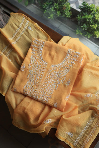 Peach Mal Cotton Chikankari Unstitched Kurta Dupatta Fabrics With Kamdani