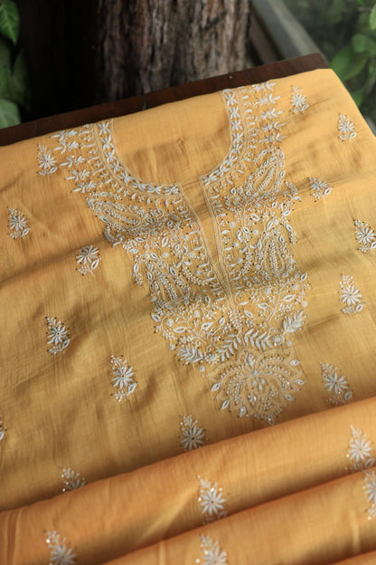 Peach Mal Cotton Chikankari Unstitched Kurta Dupatta Fabrics With Kamdani