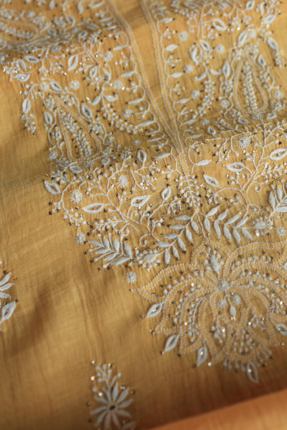 Peach Mal Cotton Chikankari Unstitched Kurta Dupatta Fabrics With Kamdani