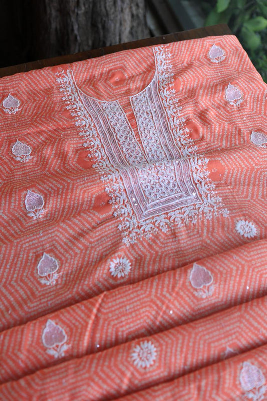 Peach Muslin Chikankari Kurta Fabric
