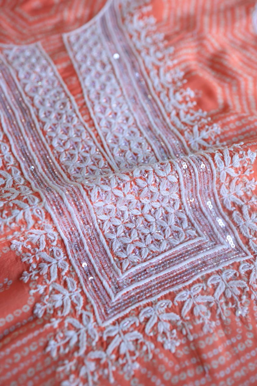 Peach Muslin Chikankari Kurta Fabric