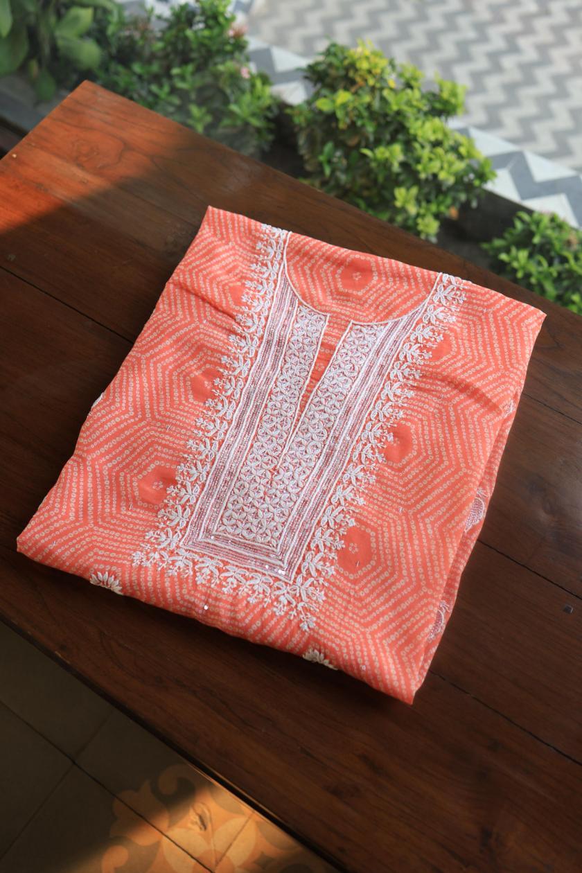 Peach Muslin Chikankari Kurta Fabric